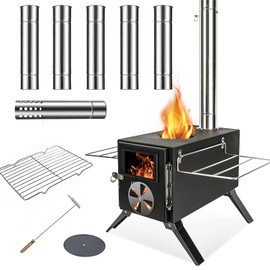 Womeyork Outdoor Camping Stove, Portable Wood Burning Stove with Chimney Pipe for Tent, Shelter, Heating and Cooking (Black-S)