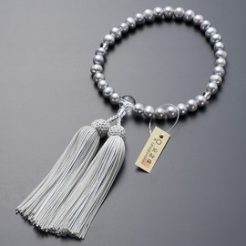Buddhist Altanya Takita Shoten Kyoto Prayer Beads for Women, Freshwater Pearl (Gray Color), 0.3 inch (8 mm) Ball, Pure Silk Bassel, With Bead Bag, Can Be Used in All Sects, Certificate Included