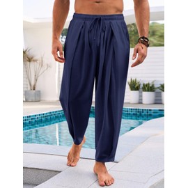 Runcati Mens Casual Harem Pants Drawstring Elastic Waist Cotton Cropped Trousers Yoga Beach Lightweight Pants Navy Blue
