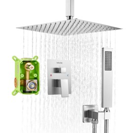 VEVOR Shower Faucet Set, Rainfall Bathroom Shower System with 12-Inch Square Rain Shower Head and Handheld Spray, Ceiling Mount Bath Fixtures with Brass Valve and Trim Kit, Brushed Nickel