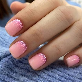 Pink Gradient Square Press on Nails Short, False Nails With Glitter Designs Pink Full Cover Fake Nails Glossy Glue on Acrylic Nails for Women 24 Pcs