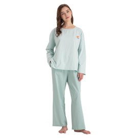 Winthome pyjamas for women, Ladies Pajamas Set with Round Neck and Pocketed Pants womens nightwear pjs cotton pyjamas women-Green XL