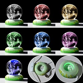 Ornalrist 60mm Crystal Ball Engraved with 3D Cat and Lily of the Valley Figurine with LED Colorful Base, Glass Cat Sphere Collectible Ornament Gifts for Women Cat Lovers
