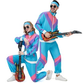KUKIKUKI KUKIKUKI 80S Trainingsanzug Kostüm für Männer Frauen Retro 90er Jahre Kostüm Outfit Disco Trainingsanzüge Hip Hop Sportanzug Set (Blau, 3XL)