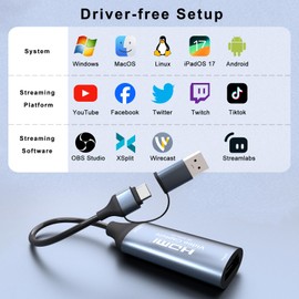 Video Capture Card, USB 3.0 HDMI to USB C Audio Capture Card,4K 1080P 60FPS Record Capture Device with Type-C Adapter for Gaming Live Streaming Video Recorder,for Windows Mac OS System OBS Zoom