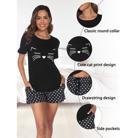 Reliwel Women's Short Cotton Shorty Pyjamas Women's Cats Short Sleeve Sleepwear Set Two Piece Leisure Suit Loungewear, Black (black-a), S