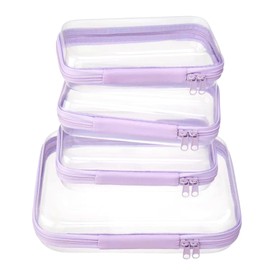 WELPIRT 4 pcs Clear Zipper Pouches,Hard Shell Zipper Case, Toiletry Bag for Travel, CLear Diaper Bag, Toiletry Pouch, Travel Organizer, Clear Cosmetic Bag,Toy Storage Bins (M+3S) (Lavender)