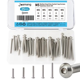Joamang M5 x 40mm 45mm 50mm 55mm 60mm Button Head Socket Cap Screws Bolts, Stainless Steel 304, Metric Allen Hex Drive, Bright Finish, Fully Threaded, Assortment Kit 25PCS
