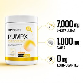 Epic Labs Pump-X Pre Entreno SIN Estimulantes | L-Citrulina 7000 mg + GABA 1000 mg + Rhodiola Rosea | Bombeo Muscular, Enfoque y Rendimiento SIN Cafei