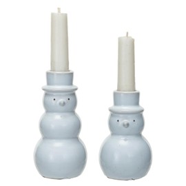 One Holiday Way Set of 2 (4", 4.75") White Stoneware Snowman Taper Candle Holders - Christmas Candlestick Holder Tabletop Party Centerpiece Decoration Xmas Home Decor