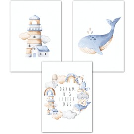 Lemmami Stationery Set of 3 Boho Decorative Wall Pictures Nursery Baby Room Poster Pictures Girls Boys Dream Big Little One (Blue Whale Rainbow Lighthouse)