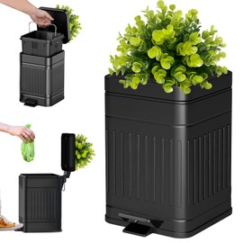 Tegneo Small Trash Can with Lid, Plant-Styled Outdoor Dog Poop Trash Can Outside, Farmhouse Retro Metal Garbage Can for Bathroom Office, Dog Waste Container with Pedal, Soft Close, 5L/1.3 Gal, Black