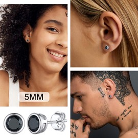 Suplight Mens Earrings 925 Sterling Silver Cubic Zirconia CZ Black Stud Earrings for Men 5mm