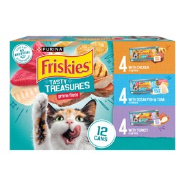 Friskies Purina Friskies Wet Cat Food Variety Pack, Tasty Treasures Prime Filets (With Ocean Fish and Tuna, With Chicken and With Turkey) - (Pack of 12) 5.5 oz. Cans
