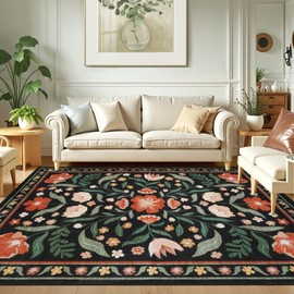 Anidaroel Black Floral Area Rugs 5x7, Washable Large Area Rugs for Living Room Non-Slip Soft Boho Rugs for Bedroom, Stain Resistant Dining Room Mat Indoor Throw Carpet for Dorm Bedside