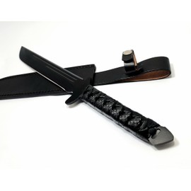 Wakazashi Sword with Black Cord-Wrapped Handle and Leather Sheath - Tactical Machete and Katana - Survival Sword with Sheath