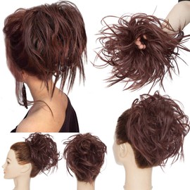 Tousled Updo Messy Bun Hair Piece Scrunchies Hair Synthetic Wavy Bun Extensions Fluffy Updo Scrunchy Chignon with Elastic Rubber Band Wrap on Donut Ponytail Hairpieces Dark Auburn