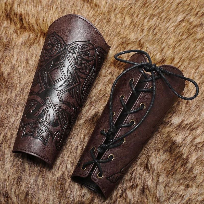 Medieval Leather Bracers for Men Angel Wings Embossed Viking Leather