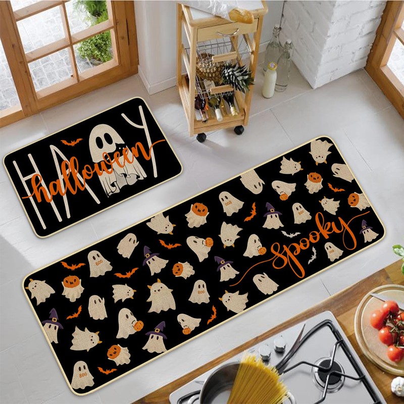 xuujdoppwul Happy Halloween Kitchen Rugs Set of 2,Spooky Ghost Kitchen