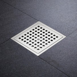 Iriber 6 Inch Square Shower Floor Drain with PVC Shower Drain Base, SUS 304 Stainless Steel, Quadrato Pattern Grate Removable, Brushed Nickel
