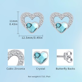 Heart Earrings for Women 925 Sterling Silver Heart Stud Earrings Heart Earrings 12 Birthstone Earrings for Women Austrian Crystal Earrings Christmas Earrings, Sterling Silver, Crystal