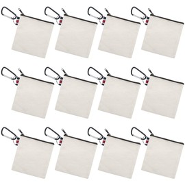Muka 12 Pack Coin Purse with Carabiner Cotton Canvas Pouch 4-1/4 x 4-1/4 Inches-Natural/Black