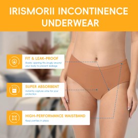 IRISMORII Incontinence Underwear for Women Washable Bladder Leak Protection Postpartum Surgery Recovery Panties 56ml Absorbency 1 Pack (Brown, M)