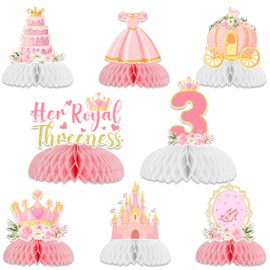 Sursurprise Princess 3rd Birthday Party Decorations, 8Pcs Her Royal Threeness Honeycomb Centerpieces Table Toppers for Girls, Princess Themed 3 Years Old Birthday Party Supplies