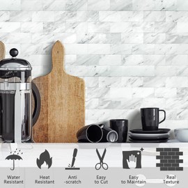 STICKGOO 10 Sheets Peel and Stick Backsplash, Volakas White Stick on Aluminum Composite Wall Tiles, Self Adhesive Subway Tile Kitchen Backsplash for Kitchen, Bathroom, Fireplace, RV