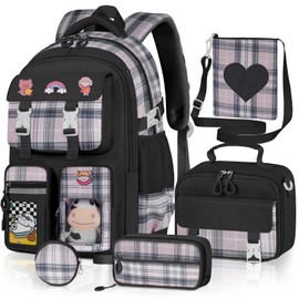 Aomutrsn Girls School Backpack with Lunch Box, 5pc Cute Black Kawaii Bookbag for Kids Teens, Aesthetic Elementary Backpack