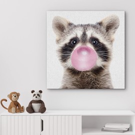 SIGNWIN Canvas Print Wall Art Cute Forest Raccoon Chewing Pink Bubblegum Bathroom Decor Funny Animal Bathroom Nature Digital Art Modern Art Decorative Whimsical Expressive for Bedroom - 24"x24"