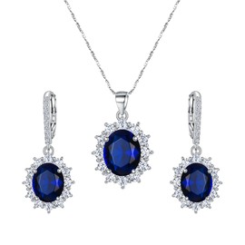 EVER FAITH Women's 925 Sterling Silver CZ Elegant Flower Prong Setting Pendant Necklace Earrings Set Blue