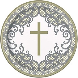 Unique 74855EU Eco-Friendly Paper Plates-23 cm-Fancy Gold Cross Religious Party-8 Count (Pack of 1), Multicolour