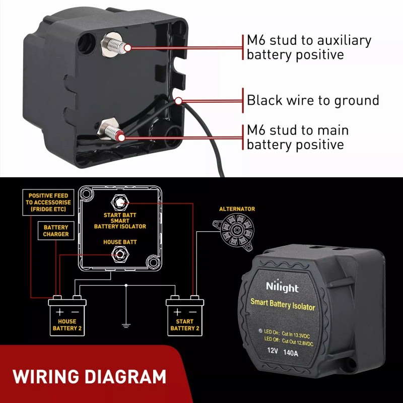 Nilight 12V 140AMP Dual Battery Isolator Kit with 6 AWG