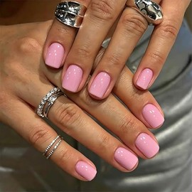 SXVME Uñas postizas cortas cuadradas de gel suave, 30 piezas, 15 tamaños, rosa bebé brillante, uñas postizas cortas, reutilizables, gruesas, con pegam