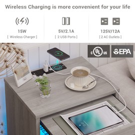 Tiptiper LED Nightstand with Wireless Charging Station, Farmhouse Nightstand with LED Light, Rustic End Table Side Table with Drawers, Pull-Out Tray and Open Storage, Grey Wood Grain