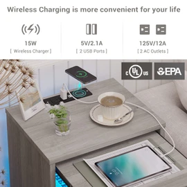 Tiptiper LED Nightstand with Wireless Charging Station, Farmhouse Nightstand with LED Light, Rustic End Table Side Table with Drawers, Pull-Out Tray and Open Storage, Grey Wood Grain