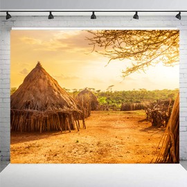 EMTOBT 10x10ft Village House Backdrop Africa Grassland View Green Trees Sunset Scenery Background for Kids Birthday Decor Holiday Travel Banner Newborn Baby Shower Props BJHJEM0054