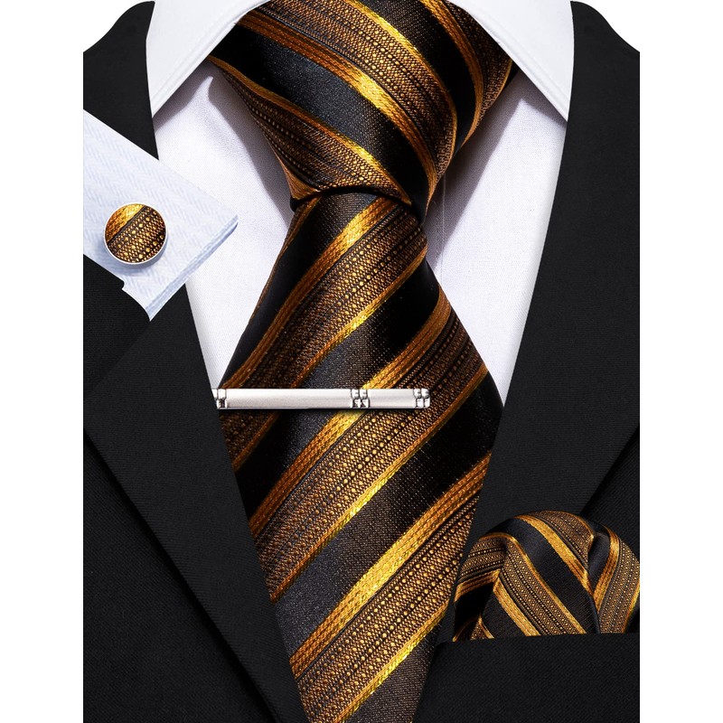 Barry.Wang Men Tie Gold Black Stripes Silk Ties Pocket Sqaure