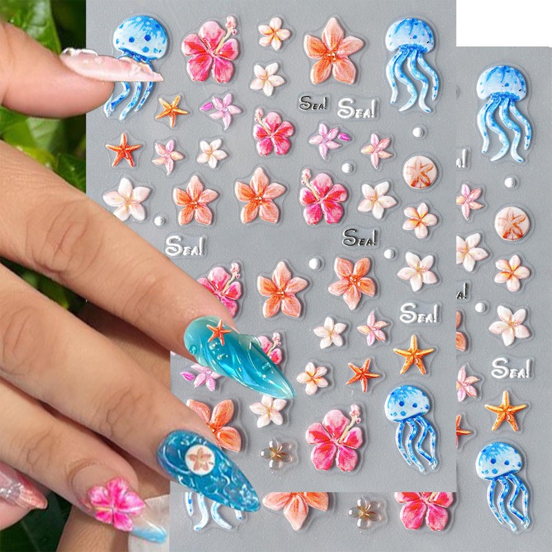 CharmBurst 2 Stück Sommerliche Nagel Sticker mit Blumen, Seesterne, Perlen,