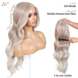 ENCOUNTERU Ash Blonde Wear and Go Glueless Wig with Bangs Synthetic Lace Front Wigs for Women Body Wave Pre Plucked Pre Cut HD Lace Glueless Ombre Wig Middle Part 26Inch