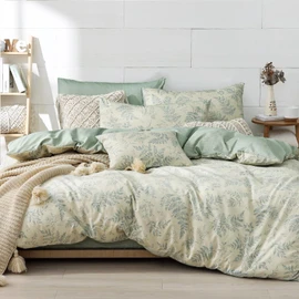LEMIROE Botanical Cotton Comforter King Size - Dusty Green Comforter Printed with Luxrious Bluish-Grey Ferns on Beige,Reversible Lightweight Bedding Sets 3Pcs(104"×90")