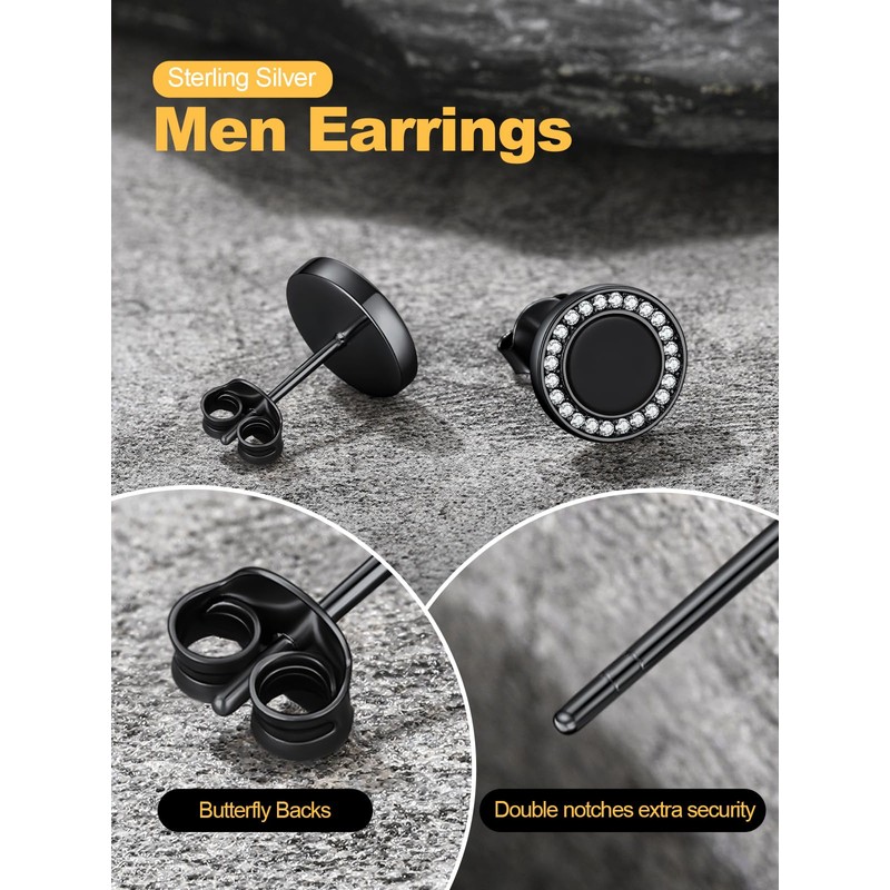 U7 Black Onyx Mens Earrings 925 Sterling Silver Round Black