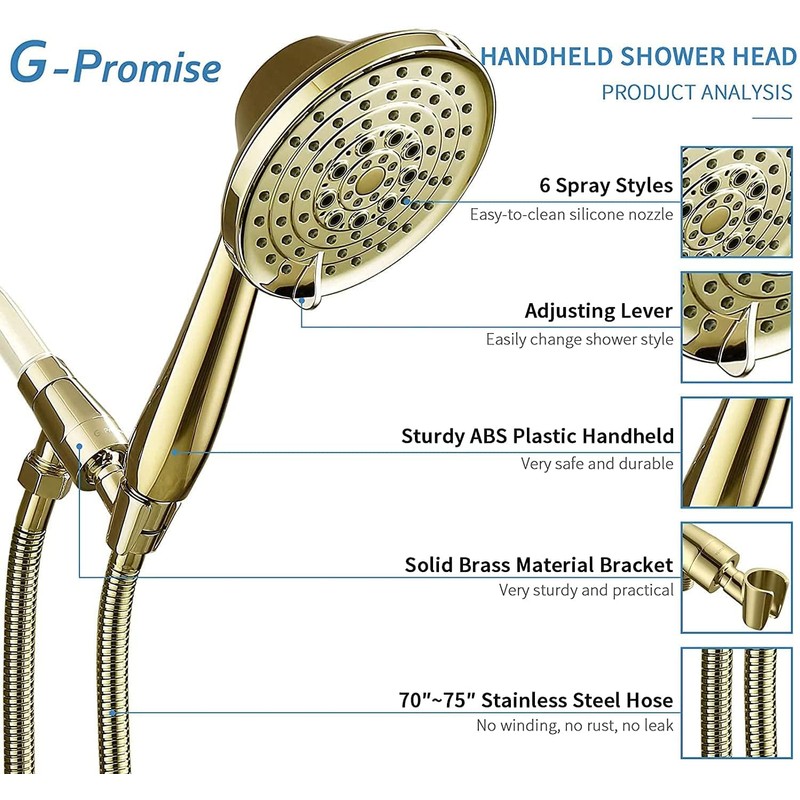 G-Promise High Pressure 6 Setting Detachable Handheld Shower Head with
