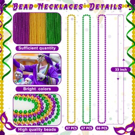 200PCS Mardi Gras Beads, 33" Bead Necklace, Mardi Gras Accessories, Purple Gold Green Party Beads Parade Throws Bulk for Christmas Pirate Baby Shower Wedding Birthday Party Supplies Decor
