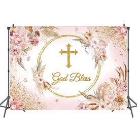 God Bless Backdrop Baptism Backdrop for Girls Baby Shower Party Decorations Background Pink Boho Flowers Newborn First Holy Communion Christening Banner Photoshoot Props 8x6FT