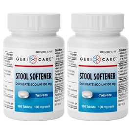 GeriCare Docusate Sodium Stool Softeners, Best Stool Softener for Daily use for Women, Men, and Elderly - Ideal for Constipation Relief 100mg Crushable Tablets. (100 Count) Made in the USA (Pack of 2)