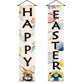 BlissYard Happy Easter Banners Easter Couplet 70x12 Inches Easter Porch Signs Bunny and Eggs Easter Backdrop Easter Bunny Decor for Spring Party Outdoor Door Decor Easter Decorations Outdoor