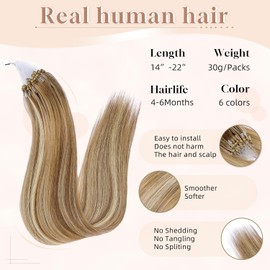 MioYio Microlink Hair Extensions Human Hair #607 Light Medium Brown with Blonde Balayage 30g/38s/Pack 16inch Microbead Micro Loop Hair Extensions Real Human Hair