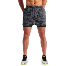 Pudolla Pantalones Cortos de Correr 2 en 1 para Hombre de 5 Pulgadas, Secado rápido, Pantalones Cortos de Entrenamiento atléticos para Hombre con Bolsillos para teléfono, Negro camuflado, Small